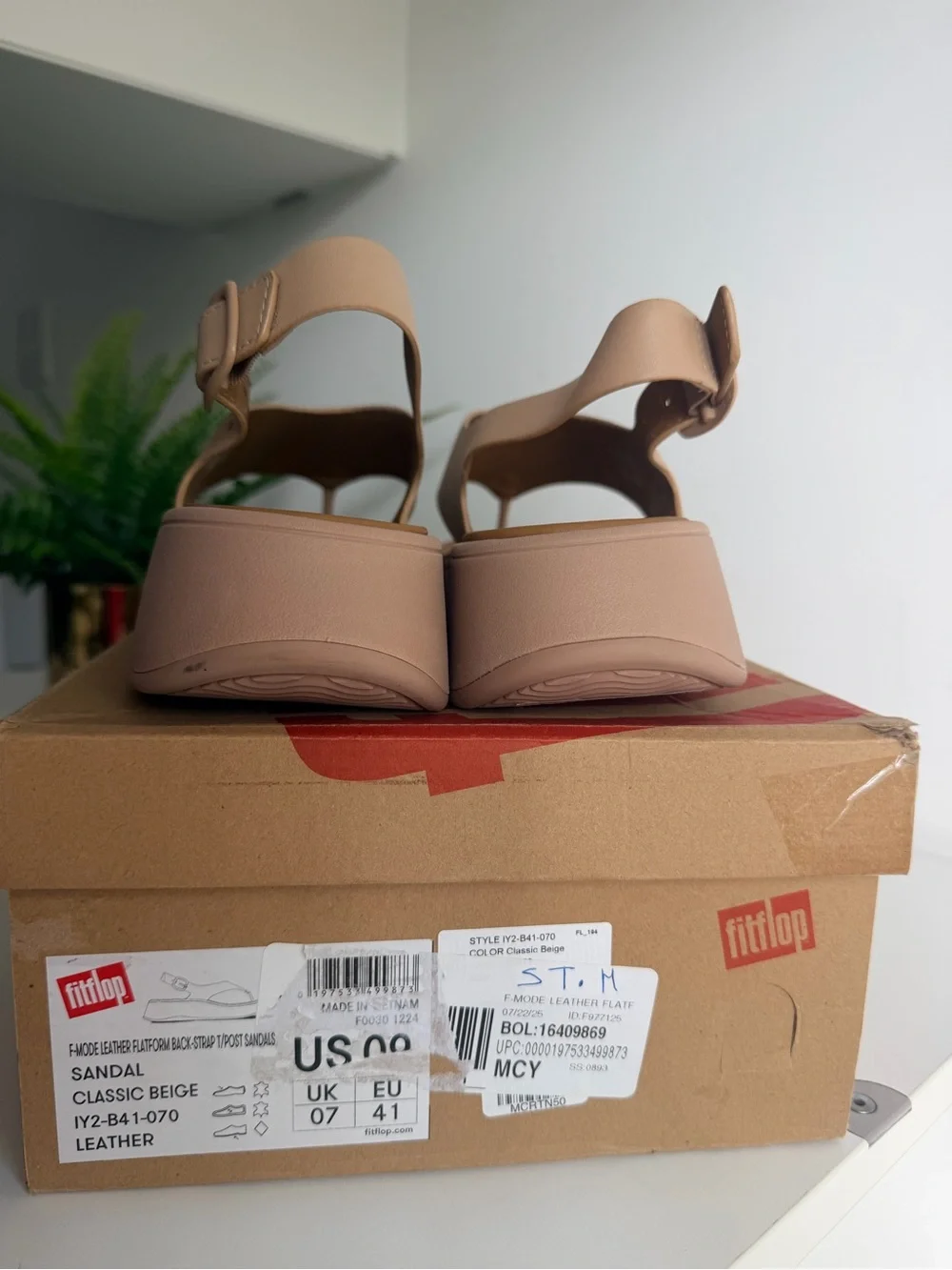 Fitflop F-MODE Leather Flatform Back-Strap Toe-Post Sandals size 9 Classic beige